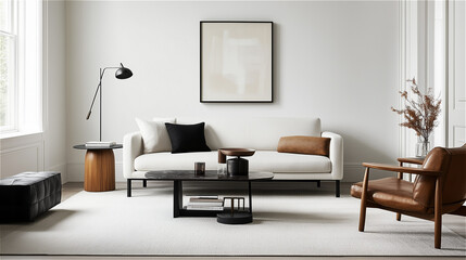 Living room with white wall and modern furniture, 3d modeling, architectural interior