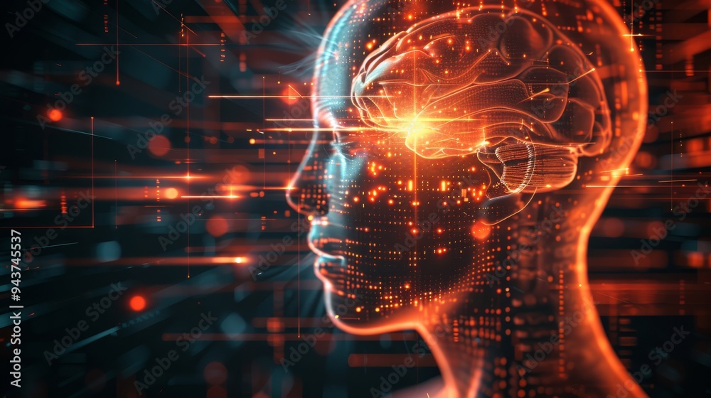 Poster Human head with a brain illuminated by high-tech light effects, creating a futuristic ambiance with sleek, abstract background elements