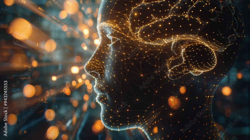 Aufkleber human head with a brain lit up by radiant lights and complex geometric shapes in the background, evo