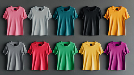 Set of colorful t-shirts o in a flat lay. 