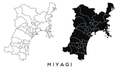 Miyagi map of regions districts vector black on white and outline