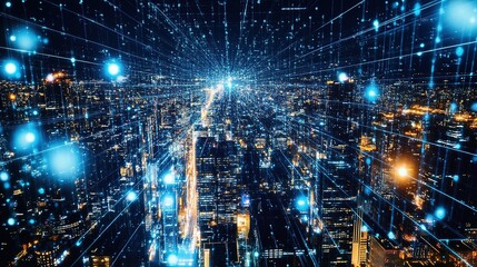 Obraz premium A panoramic view of a bustling city at night illuminated by bright lights and digital effects, showcasing urban life with a futuristic feel