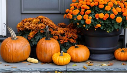  Pumpkins and fall flowers  on porch home. Home decor for Halloween or Thanksgiving day.  DIY, craft, handmade
