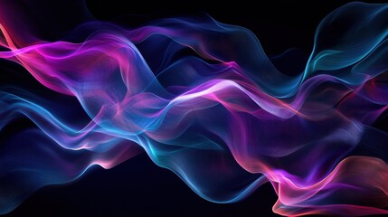 Abstract Wavy Lines with Neon Blue and Pink Glow on Black Background.