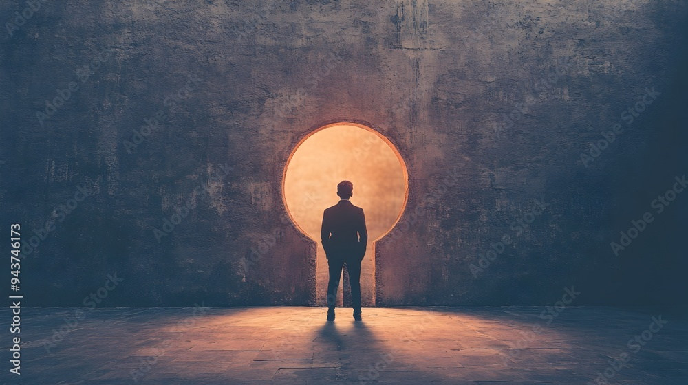 Wall mural a person standing in front of a massive keyhole representing the key to unlocking success growth and