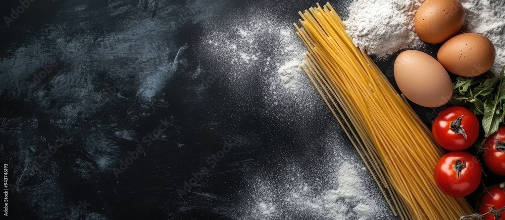 Poster ingredients on a black chalkboard eggs onions tomatoes spaghetti flour. with copy space image. place