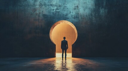 Person standing in front of a giant keyhole symbolizing the key to success growth and unlocking new opportunities  The image represents the concept of achieving goals overcoming challenges