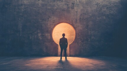 A person standing in front of a massive keyhole representing the key to unlocking success growth and new opportunities  The image conveys the concept of breakthrough strategic decision making