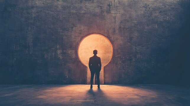 A person standing in front of a massive keyhole representing the key to unlocking success growth and new opportunities  The image conveys the concept of breakthrough strategic decision making