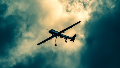 Fototapeta premium Aerial photography of unmanned combat drone soaring through the sky during daylight