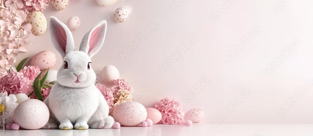 Aufkleber Easter bunny colored eggs and pink flowers Festive Easter web banner featuring free text space. with copy space image. Place for adding text or design