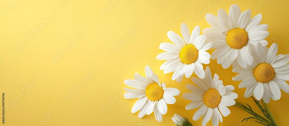 Wall mural White chamomile flowers rest on a yellow background. with copy space image. Place for adding text or design