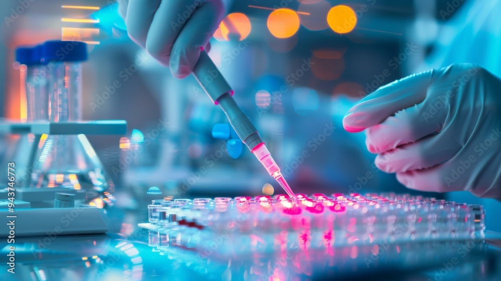 Poster lab technician filling microplate wells with pipette in clinical setting