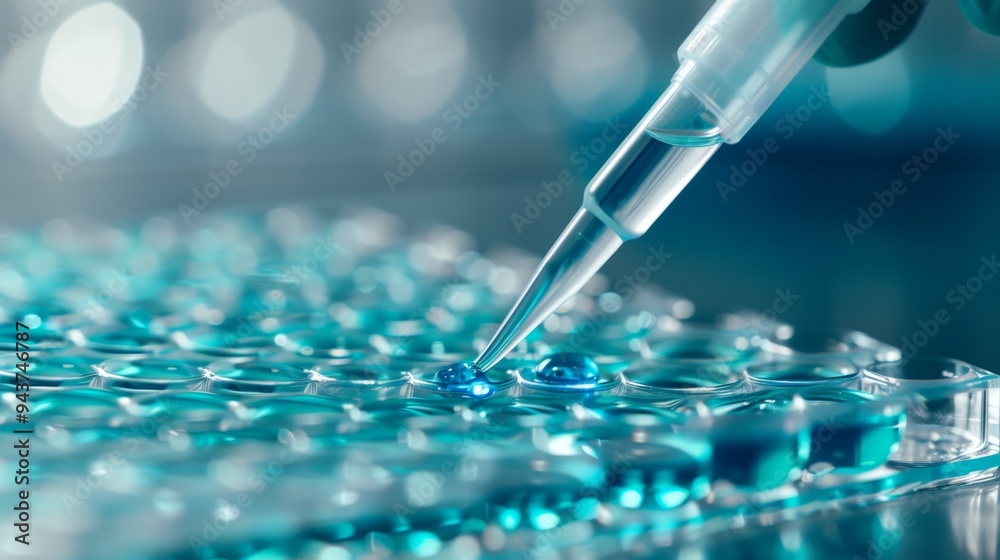 Poster lab technician filling microplate wells with pipette in clinical setting