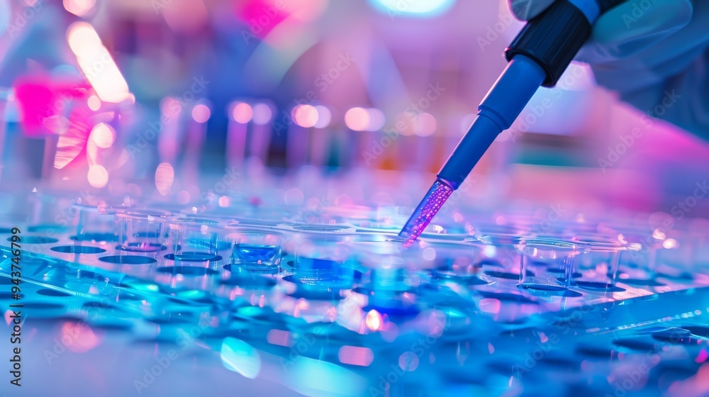 Poster lab technician using pipette to transfer cell sample in bright lab