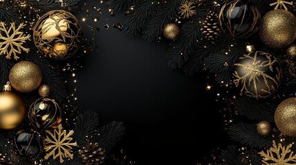 Elegant black and gold Christmas decorations arranged in a festive circular layout perfect for holiday celebrations
