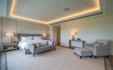 Modern Bedroom with King-Size Bed and Comfortable Grey Armchair