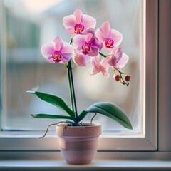 Orchid flower in pot on windowsill, beautiful tropical phalaenopsis, orchid on blurred background