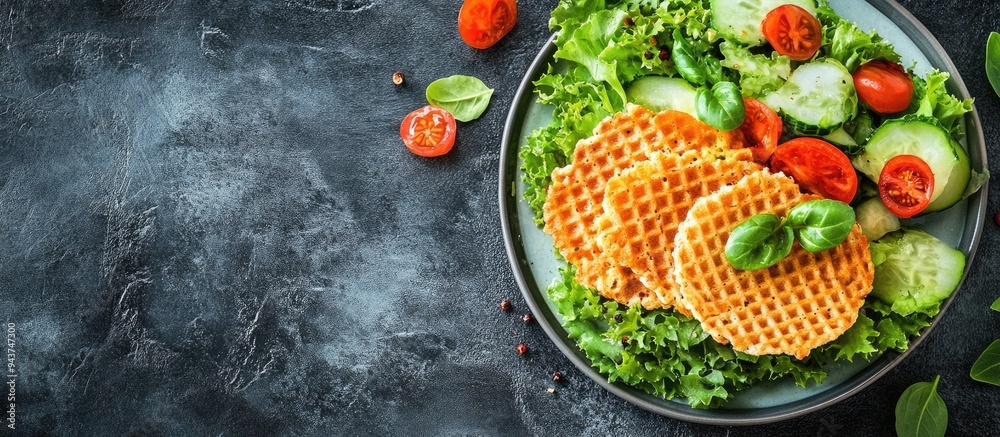 Poster tasty breakfast delicious vienna wafer with fresh green vegetables and salad leaves. with copy space