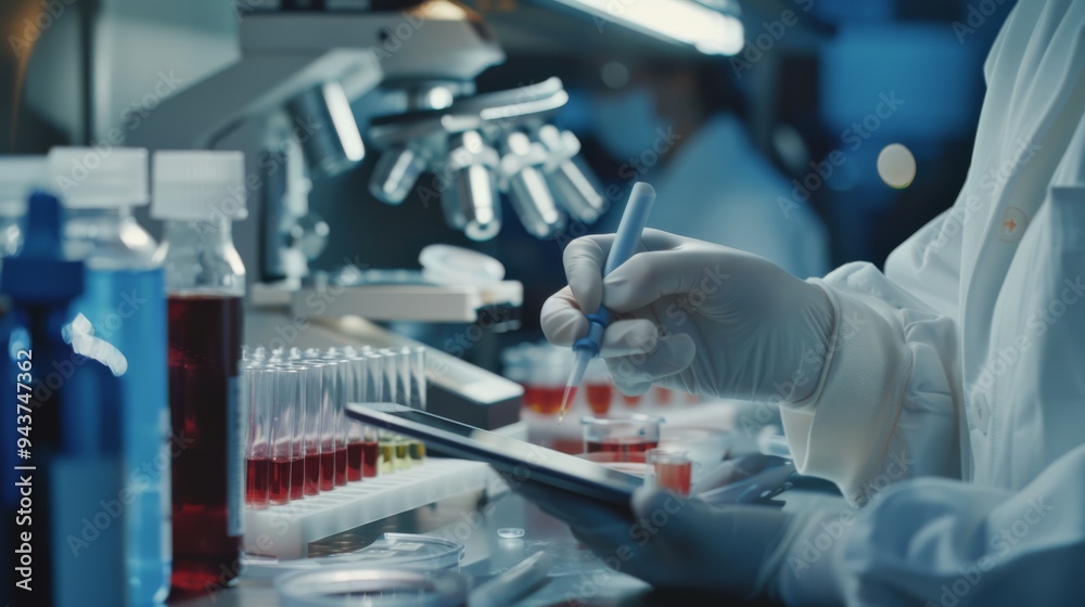 Poster laboratory technicians examining test tubes and petri dishes, recording data on tablets while workin