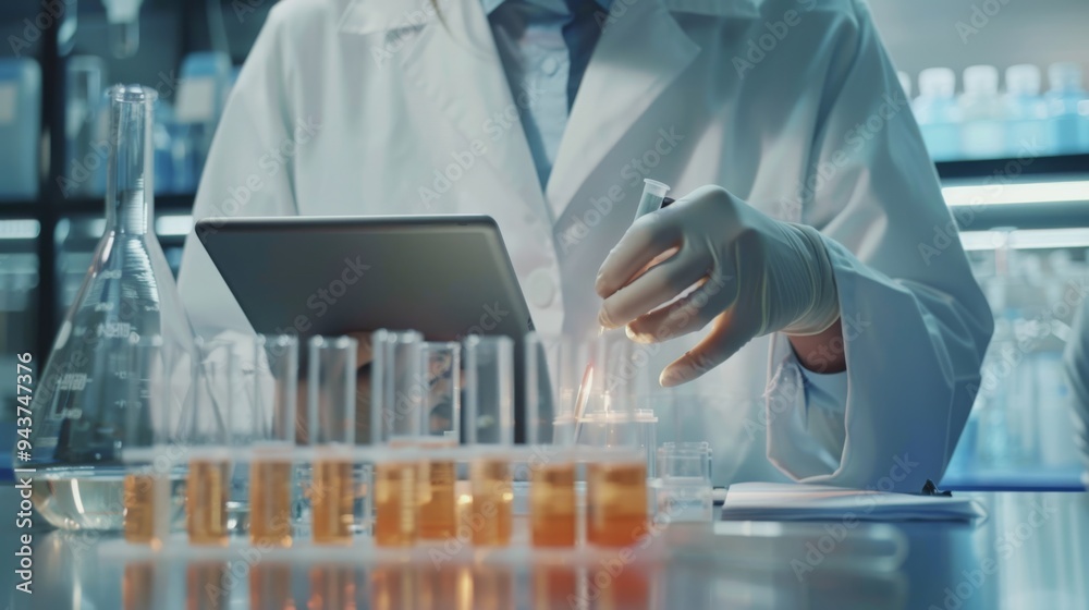 Poster laboratory technicians examining test tubes and petri dishes, recording data on tablets while workin