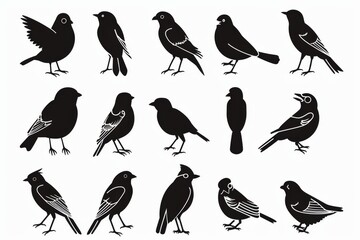 Obraz premium Bird icon set, black and white sparrow symbols, bird sign collection, wild animal pictograms on white