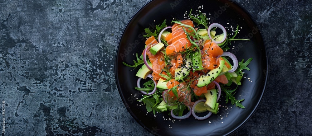 Aufkleber raw salmon avocado and purple onion salad presented in a culinary ring on a black plate black concre