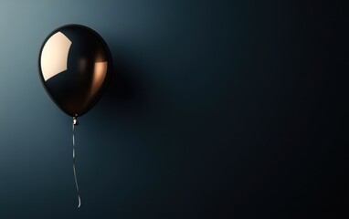 Single Black Balloon Floating on a Dark Blue Background with Copy Space.