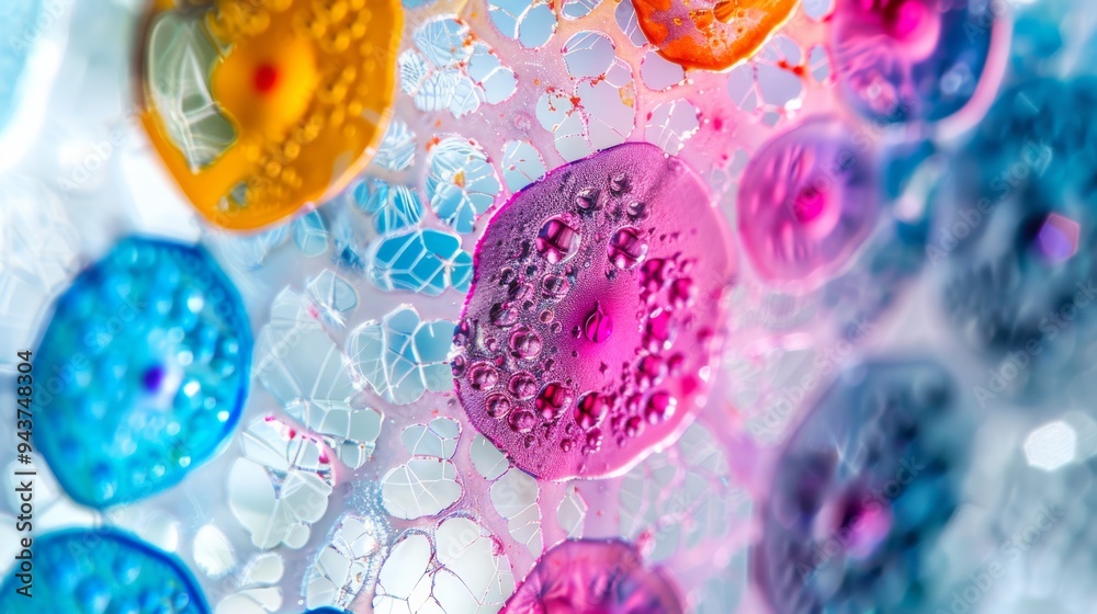 Aufkleber Microscope slide with stained cells viewed under high magnification