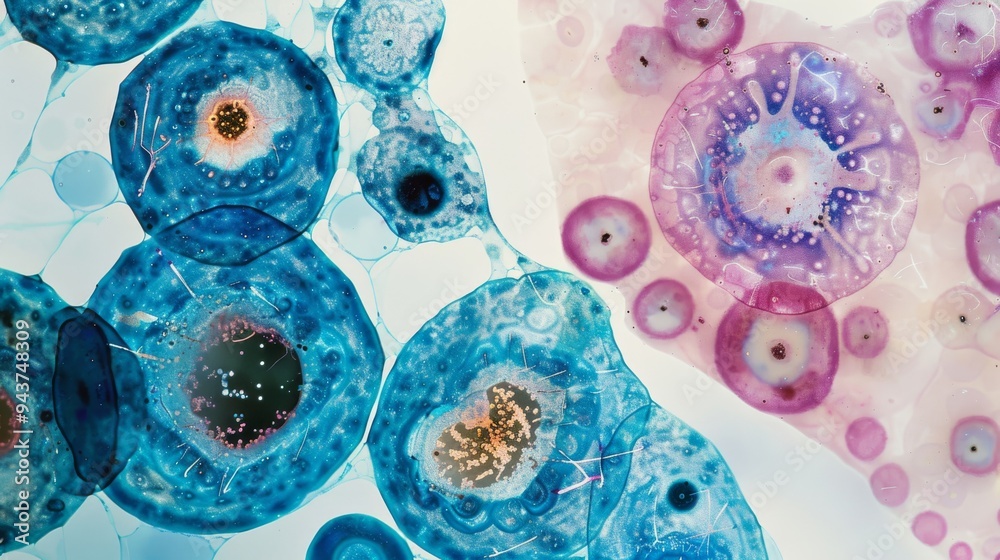 Poster Microscope slide with stained cells viewed under high magnification
