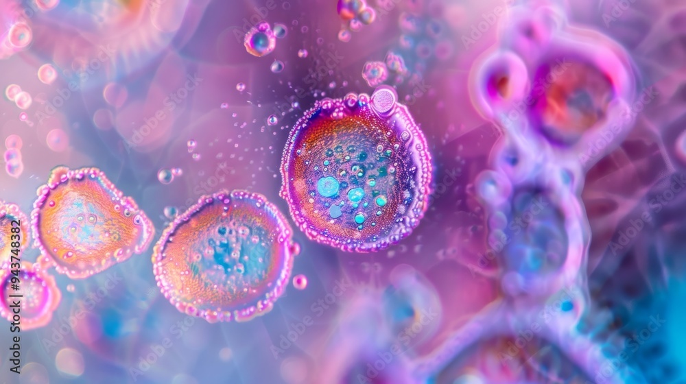 Poster Microscope slide with stained cells viewed under high magnification