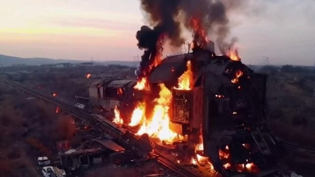The illustration of a train station fire is suitable for promoting insurance and environmental issues