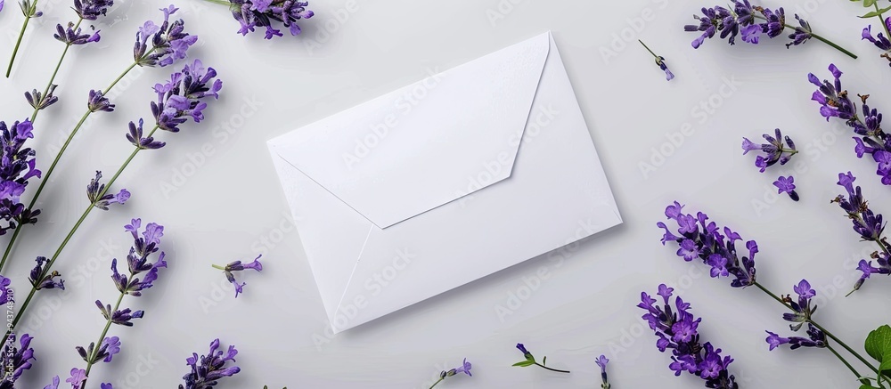 Aufkleber envelope mockup with lavender flowers on a white background top view copy space concept for greeting