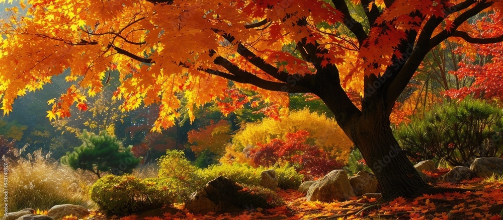 Leinwandbilder Many Japanese maples are beginning to change color. with copy space image. Place for adding text or design