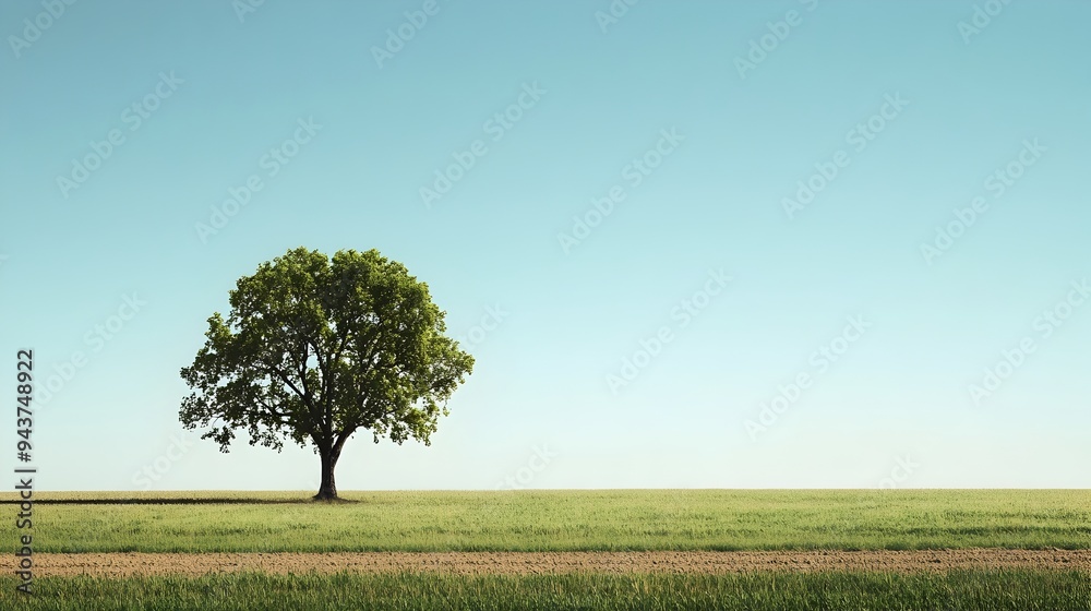 Poster lone solitary tree standing tall in a vast expansive field with an open empty landscape and ample co