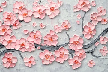 The wall depicts a volume of sakura flowers on plastered concrete