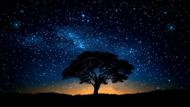 Lone tree silhouetted against a vibrant starry sky at twilight with a glowing horizon. Cosmic nature animation background.