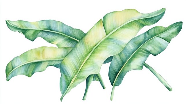 watercolor green banana leaves on white clip art preview
