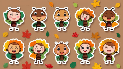 sticker set, different cute funny cartoon ant