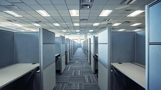 view in an office room with several cubicle footage