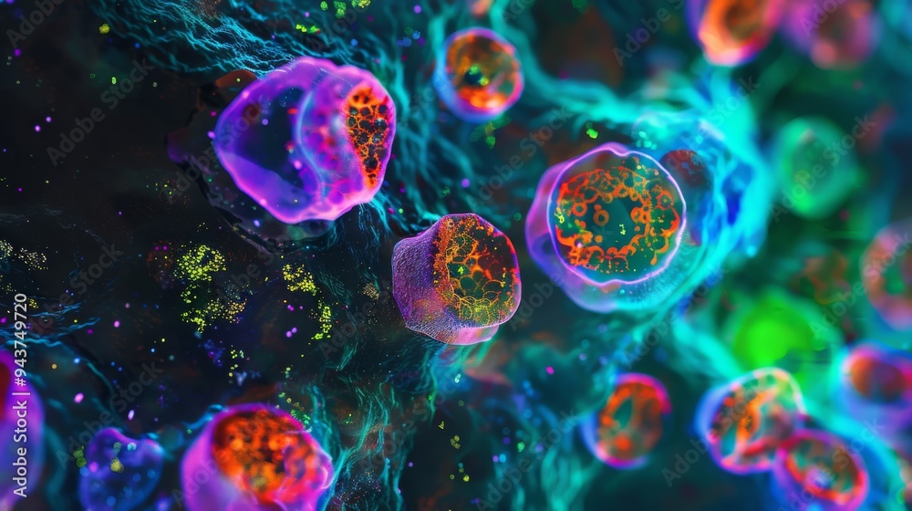 Poster multicolored stem cells under a microscope