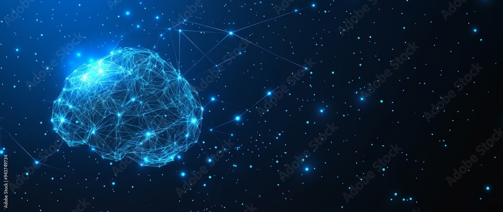 Poster concept design of a glowing connection brain on a blue background, using neural networks and big dat