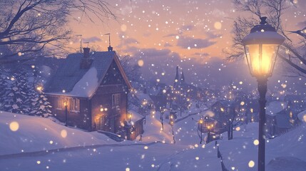 Fototapeta premium A serene winter evening in a snowy village with glowing street lamps and picturesque houses during twilight