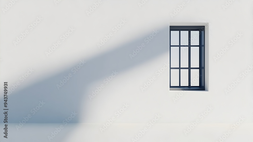 Poster a single window framed on a plain white wall providing a simple and clean backdrop with ample copy s