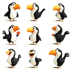 Fototapeta premium A collection of cartoon toucan characters in various poses and expressions.