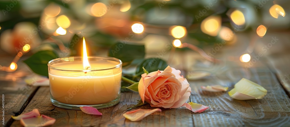 Poster close up of wooden candle holders with tea lights on red rose petals set against a blurred green bac