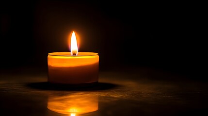 A single candle flame burning brightly in the darkness casting a warm cozy glow and serene copy space for text or design overlays