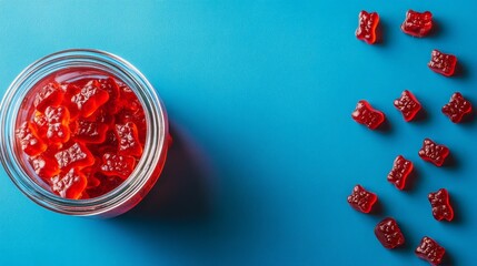 Fototapeta premium Throughout a blue pot are red gummy bears with blue gummies emerging from it