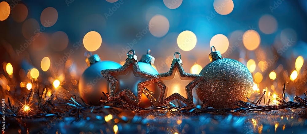 Aufkleber christmas ornaments with stars set against festive lights. with copy space image. place for adding t