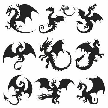 Dragons icon silhouette, dino, wyvern symbols, dinosaurs isolated, mythical monster, minimal flat tattoo